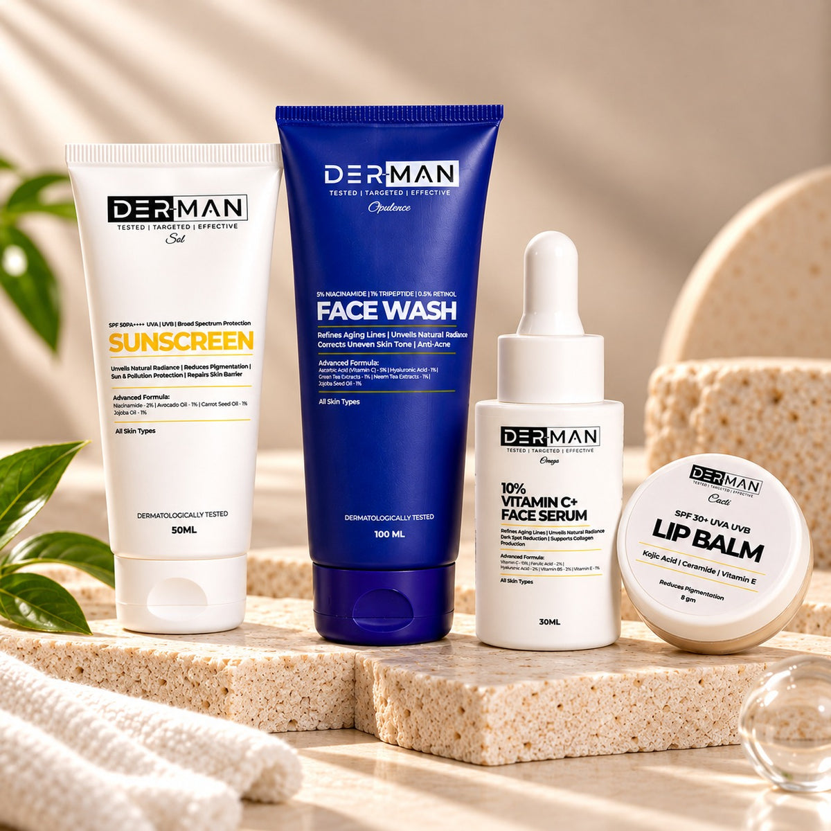 Der man signature skincare shield | 100 ml multi active face wash | 50 ml spf 50 pa ++++ liquid sunscreen moisturizer | 30 ml vitamin c+ serum | 8g spf 30+ kojic acid lip balm