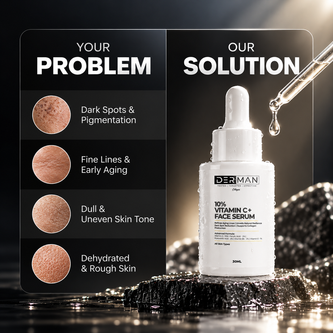 DER-MAN Signature Skincare Shield | 100 ml Multi Active Face Wash | 50 ml SPF 50 PA ++++ Liquid Sunscreen Moisturizer | 30 ml Vitamin C+ Serum | 8g SPF 30+ Kojic Acid Lip Balm