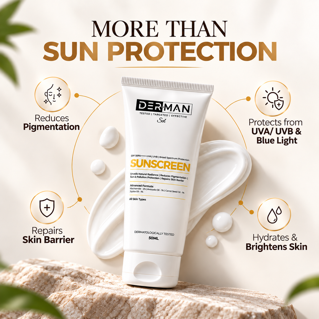 DER-MAN Signature Skincare Shield | 100 ml Multi Active Face Wash | 50 ml SPF 50 PA ++++ Liquid Sunscreen Moisturizer | 30 ml Vitamin C+ Serum | 8g SPF 30+ Kojic Acid Lip Balm