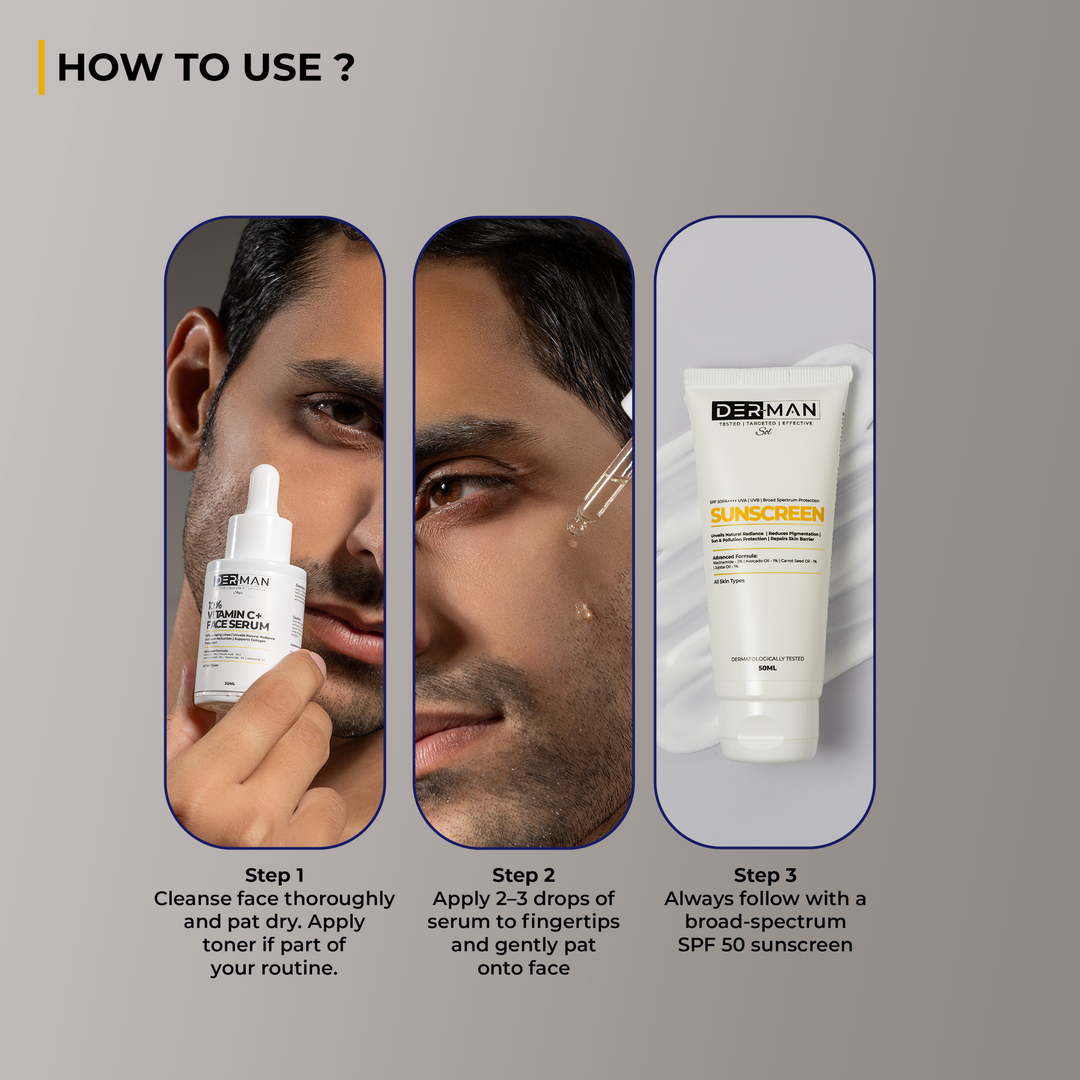 DERMAN Radiance & Shield Duo | 50 ml SPF 50 PA++++ Liquid Sunscreen Moisturizer & 30 ml Vitamin C 10+ Serum