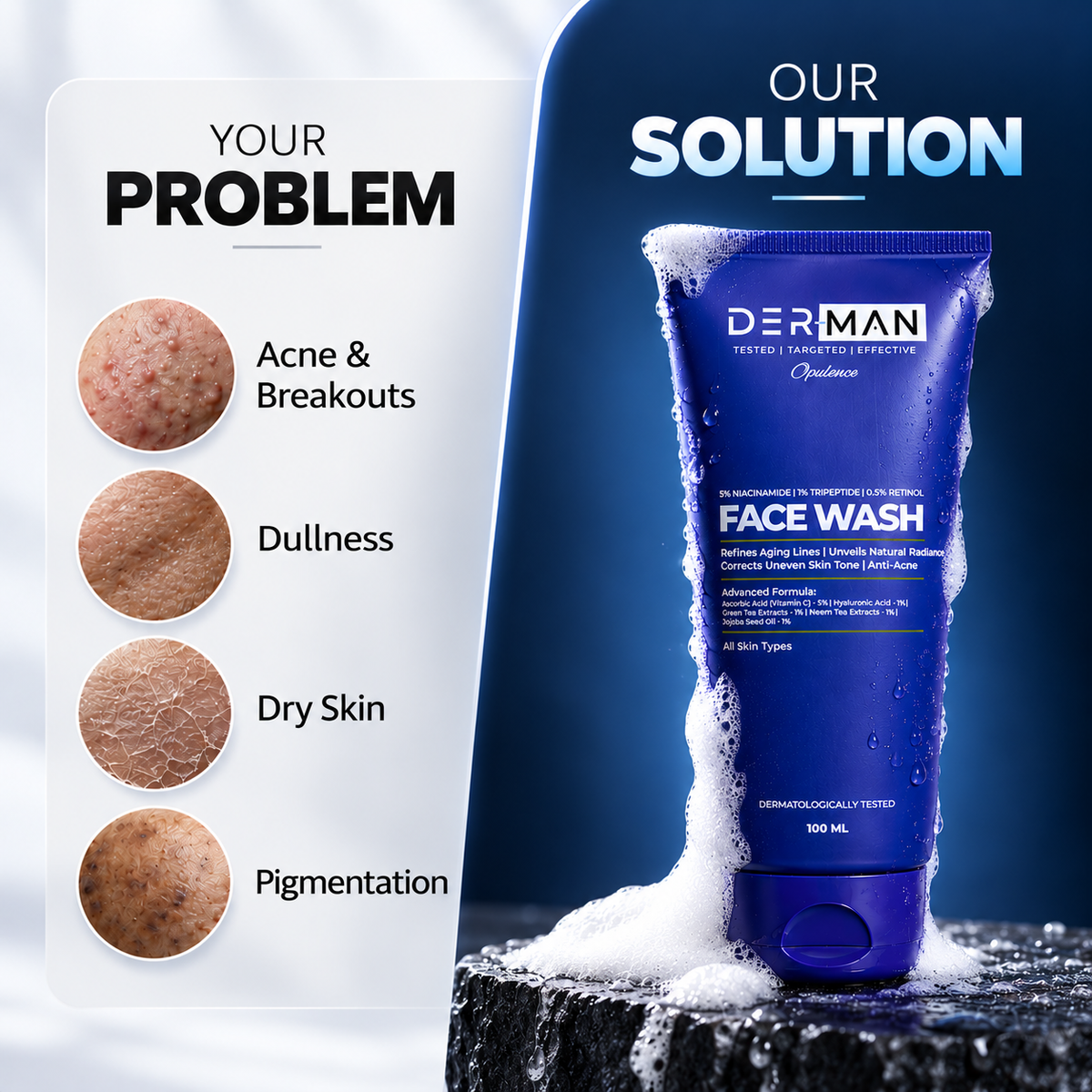 Der man 4 in 1 multi active facewash | niacinamide tri peptide retinol vitamin c | anti acne | radiance | 100 ml